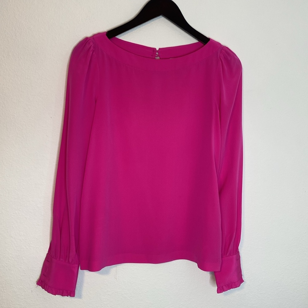 KATE SPADE 100% Silk Pink Blouse with Ruffle Trim Sleeves Keyhole Back, Size 4